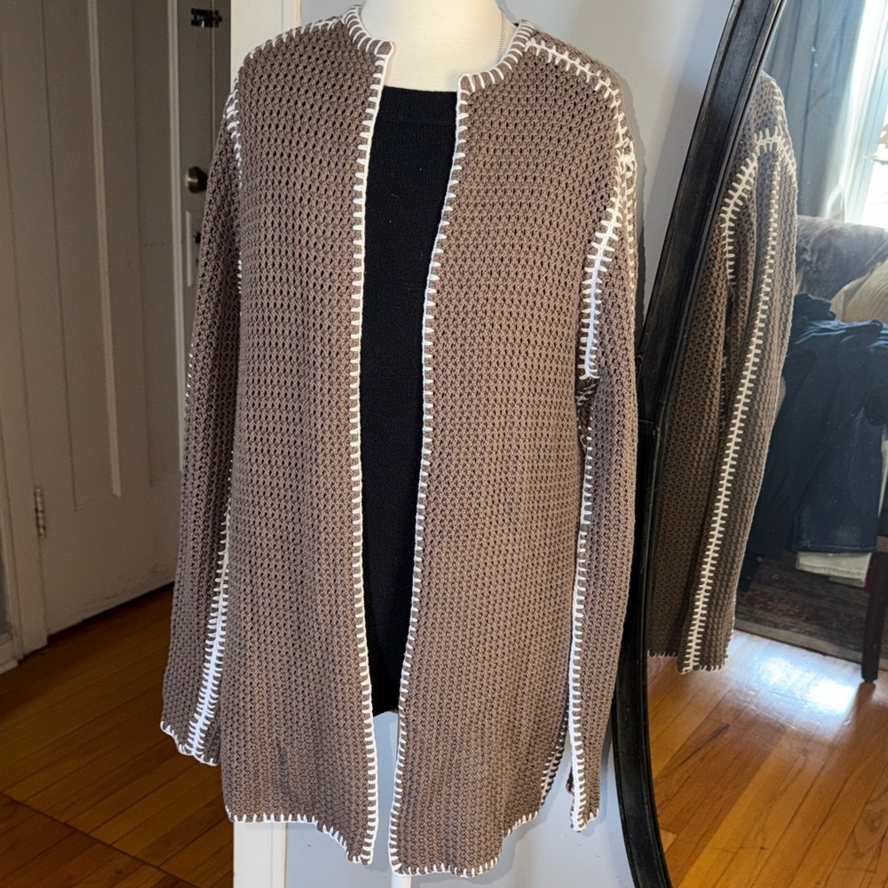 Worth 100%Cotton Brown and White Open-Front Cardigan